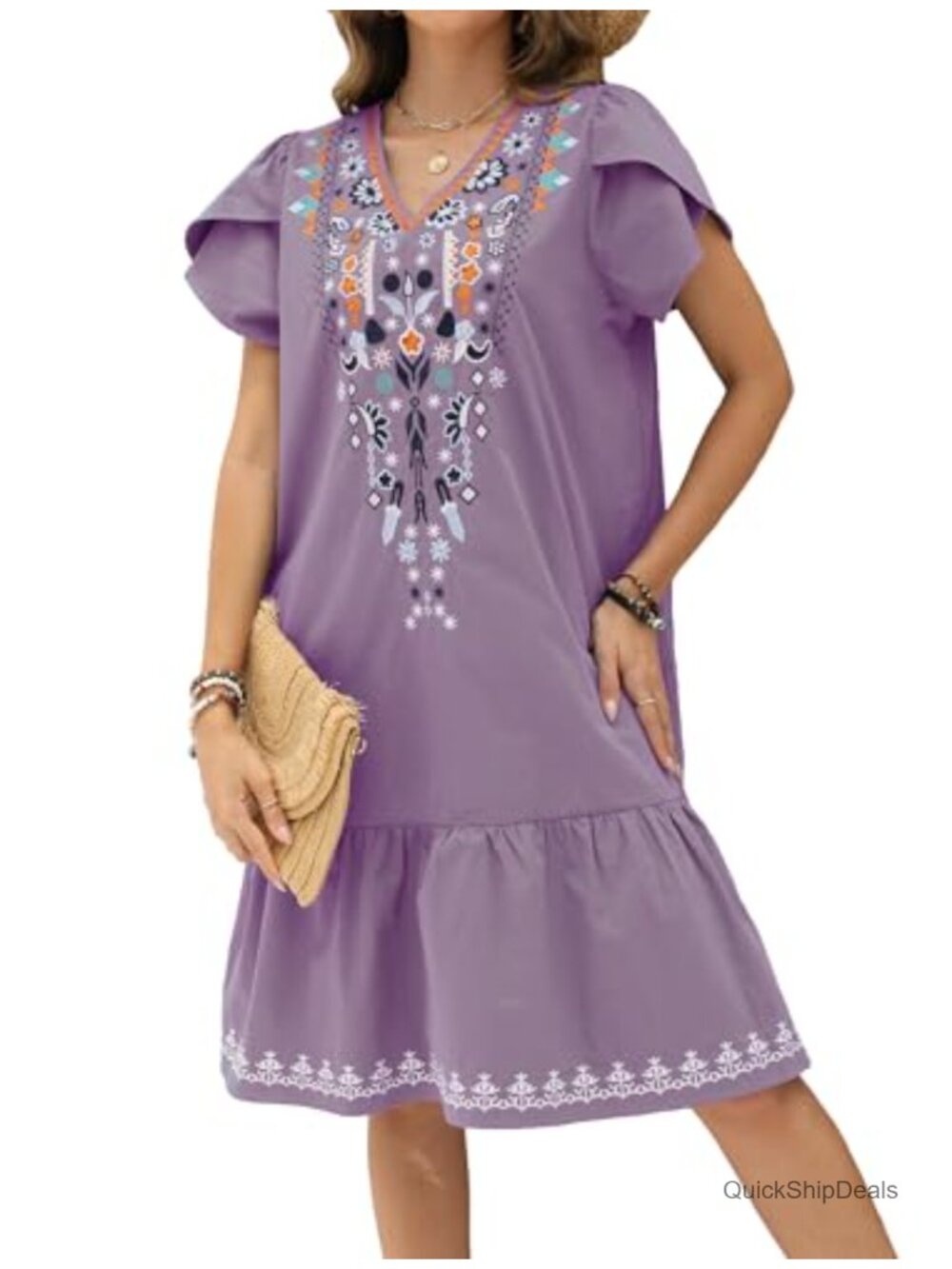 100% Cotton Floral Embroidered Boho Peasant Dress Ruffled Sleeve